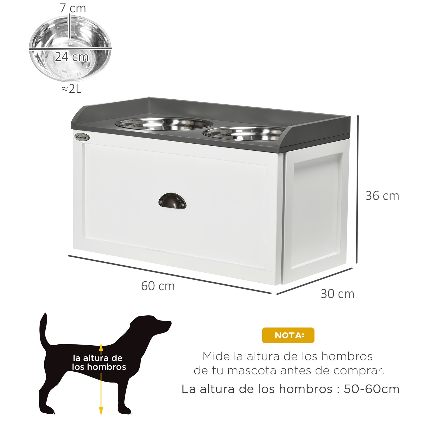 PawHut Comedero Elevado para Perros Grandes Cuencos para Perros con 2 Tazones 2000ml de Acero Inoxidable y Cajón Oculto Soporte de Madera para Mascotas 60x30x36 cm Blanco