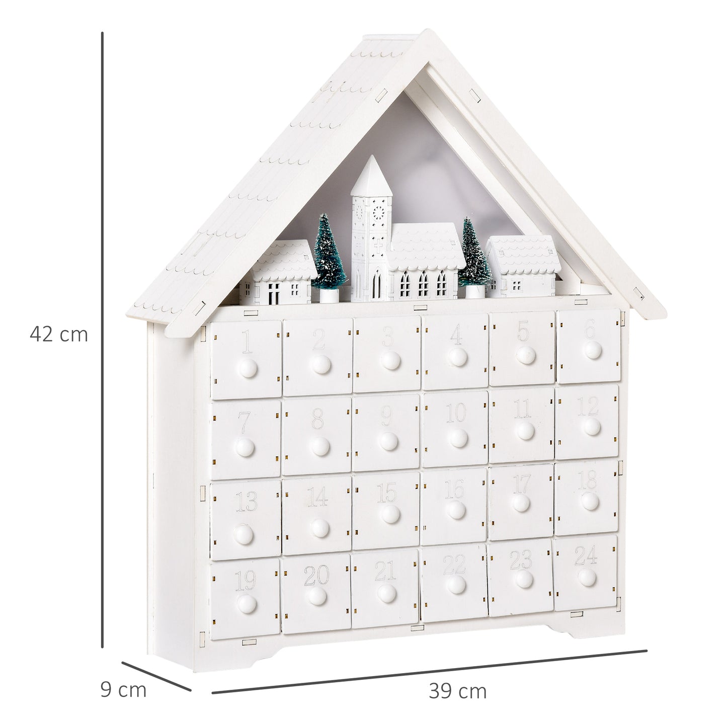 HOMCOM Calendario de Adviento de Navidad Madera con 24 Cajones y Luces LED Decoración Navideña Modelo Casita 39x9x42 cm Blanco