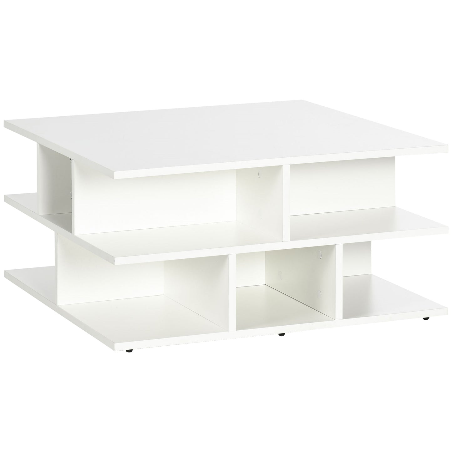 HOMCOM Mesa de Centro Cuadrada Mesa de Salón Moderna con Múltiples Estantes de Almacenamiento para Oficina Dormitorio Estudio 70x70x36,5 cm Blanco