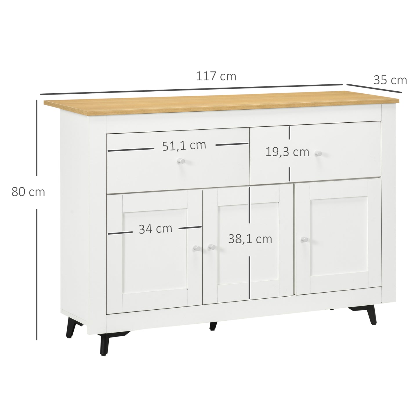 HOMCOM Aparador de Cocina Mueble Auxiliar de Cocina Mueble de TV con 2 Cajones 3 Puertas y Estante Ajustable para Comedor Salón 117x35x80 cm Blanco