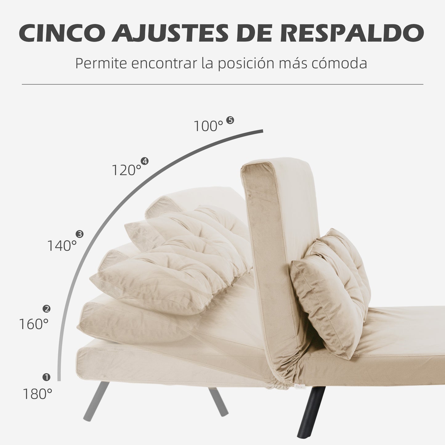 HOMCOM Sofá Cama de 2 Plazas Sofá Cama Plegable Tapizado en Terciopelo con Respaldo Ajustable de 5 Niveles y 2 Almohadas Acolchadas para Oficina Dormitorio Salón 102x73x81 cm Beige