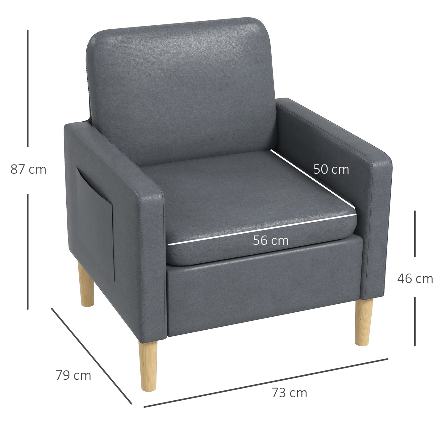 HOMCOM Butaca de Salón Sillón Relax con 2 Bolsillos Laterales Reposabrazos Asiento Acolchado y Patas de Madera Sofá Individual de Moderno para Dormitorio 73x79x87 cm Gris