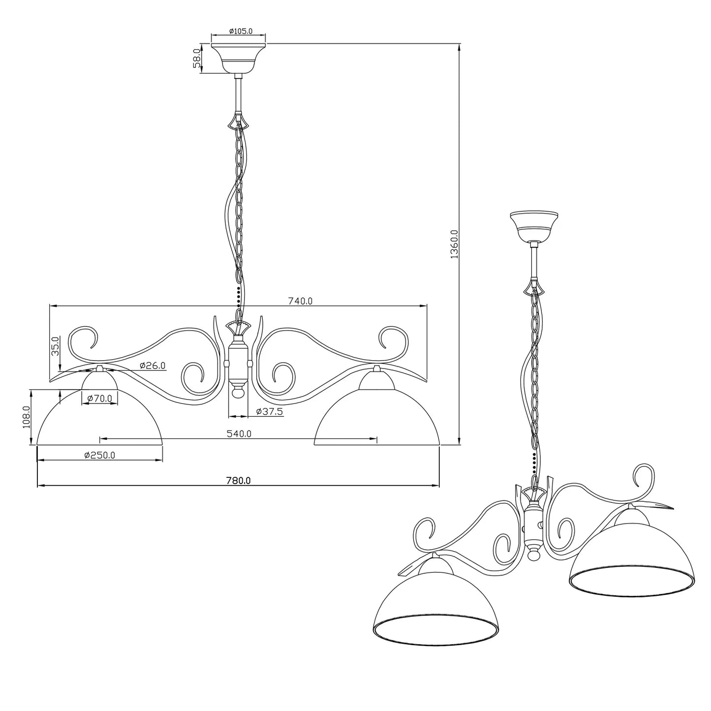 Lúzete - Lámpara De Techo 2 Luces Miranda Forja