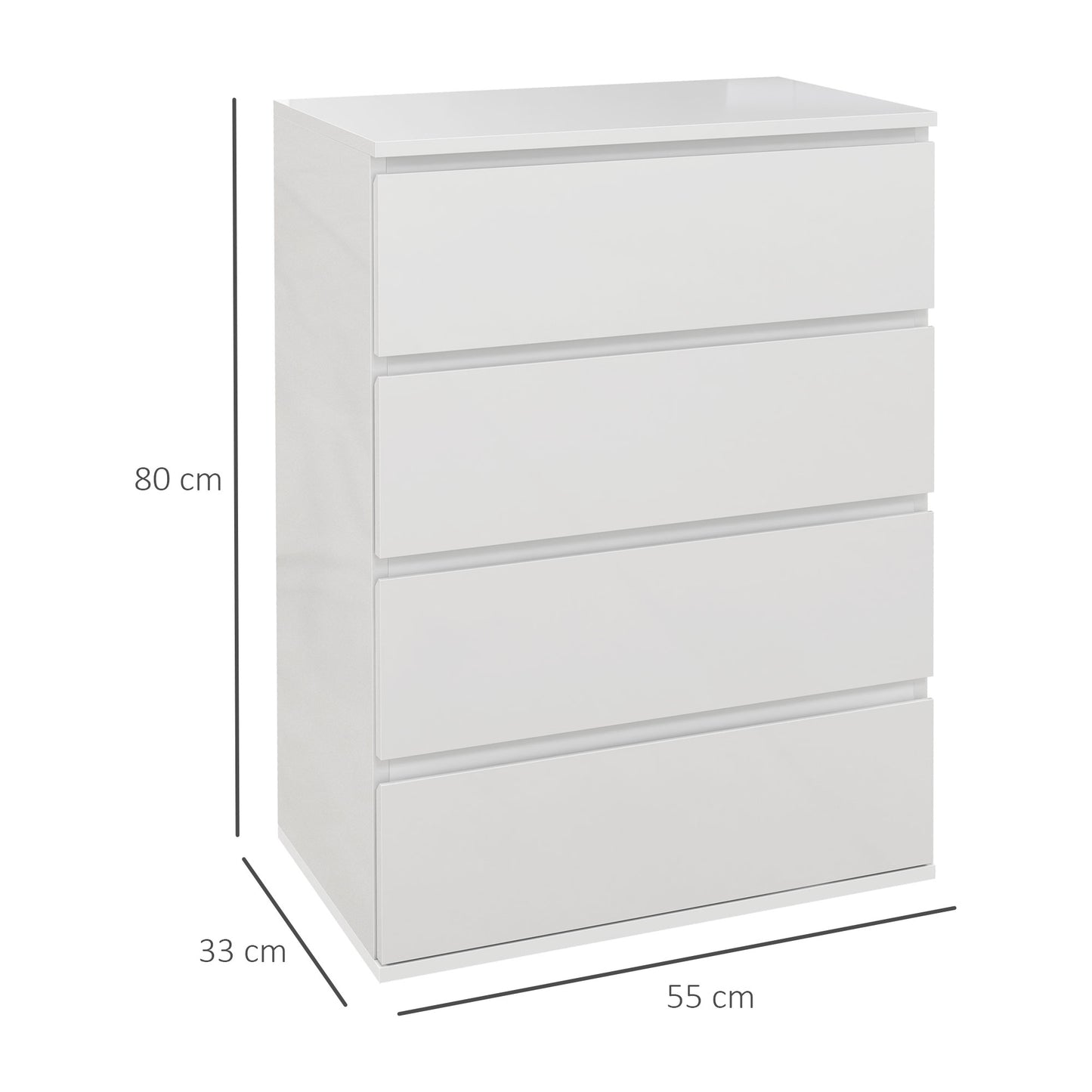 HOMCOM Cómoda con 4 Cajones de Madera Cajonera de Dormitorio Cómoda Blanca Brillante para Salón Habitación Dormitorio Estilo Moderno 55x33x80 cm