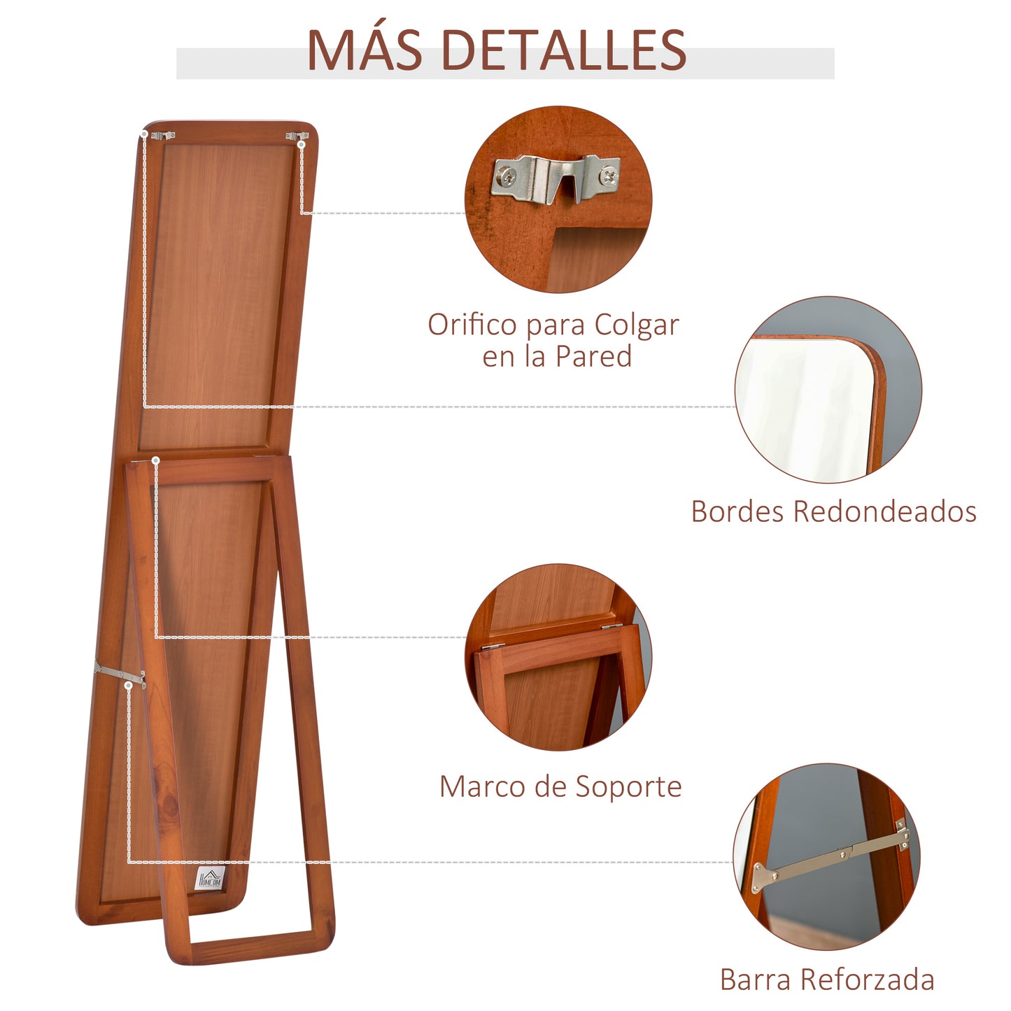 HOMCOM Espejo de Pie Cuerpo Entero Rectangular Espejo de Pared con 2 Formas de Uso Marco de Madera de Pino Moderno para Pasillo Dormitorio Sala de Estar 37x43x156 cm Nogal