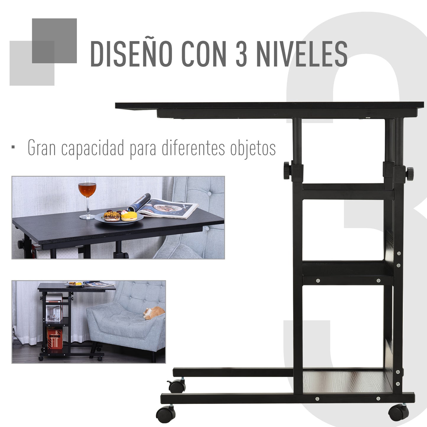 HOMCOM Mesa Auxiliar con Ruedas 80x40 cm Mesa para Sofá en Forma de C con Altura Ajustable 3 Niveles de 72-82 cm Marco de Metal para Salón Cocina Negro