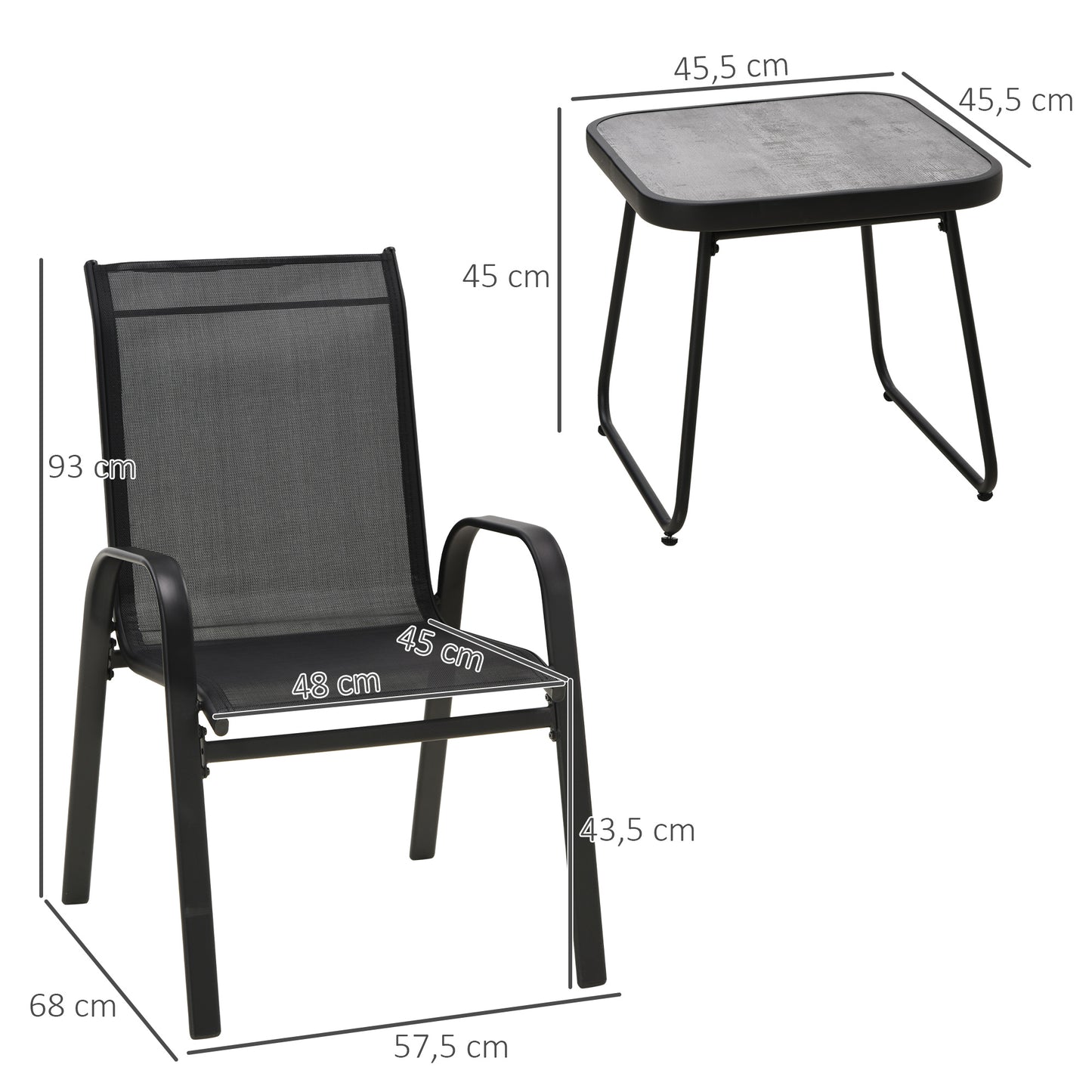 Outsunny Conjunto de Muebles de Jardín 3 Piezas Muebles Exterior Incluye 2 Sillones Apilables con Tela de Malla Transpirable y Mesa de Centro Negro