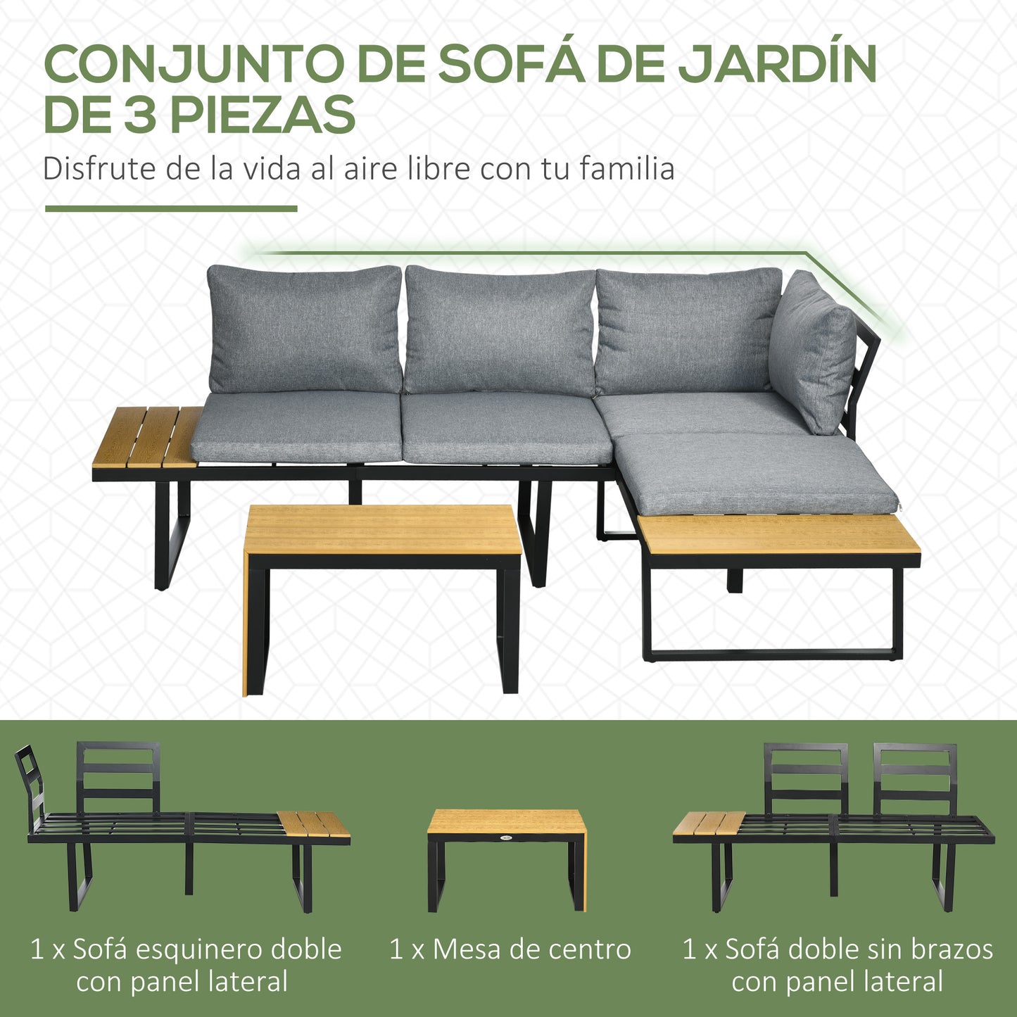 Outsunny Conjunto de Muebles de Jardín de Aluminio 3 Piezas Juego de Conversación Incluye 2 Sofás Esquineros con Cojines Mesa de Plástico Madera Gris