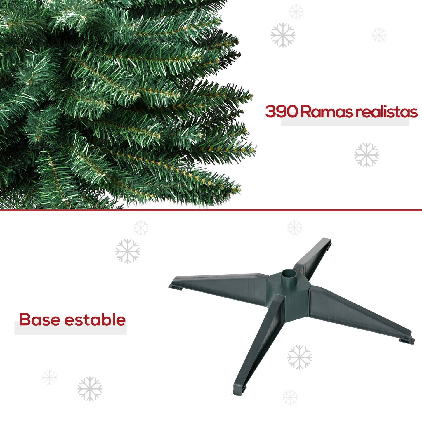 HOMCOM Árbol de Navidad Artificial 180 cm Ignífugo con 390 Puntas de Rama PVC y Soporte de Metal Decoración Navideña para Interiores Fácil de Montar Verde