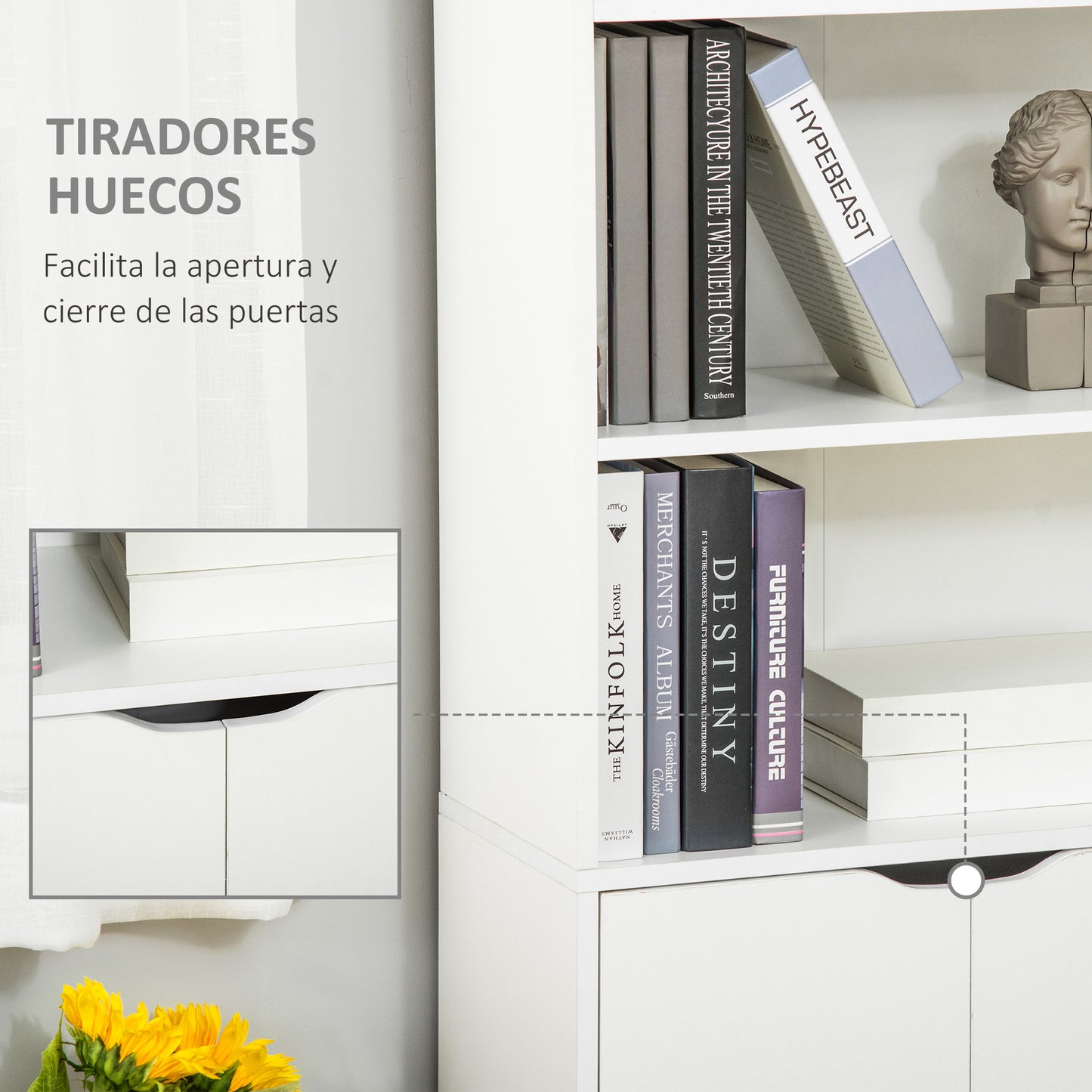 HOMCOM Estantería Librería Armario de Libros con 4 Compartimentos Abiertos y 2 Puertas para Salón Estudio Oficina Carga 80 kg 59x29x180 cm Blanco