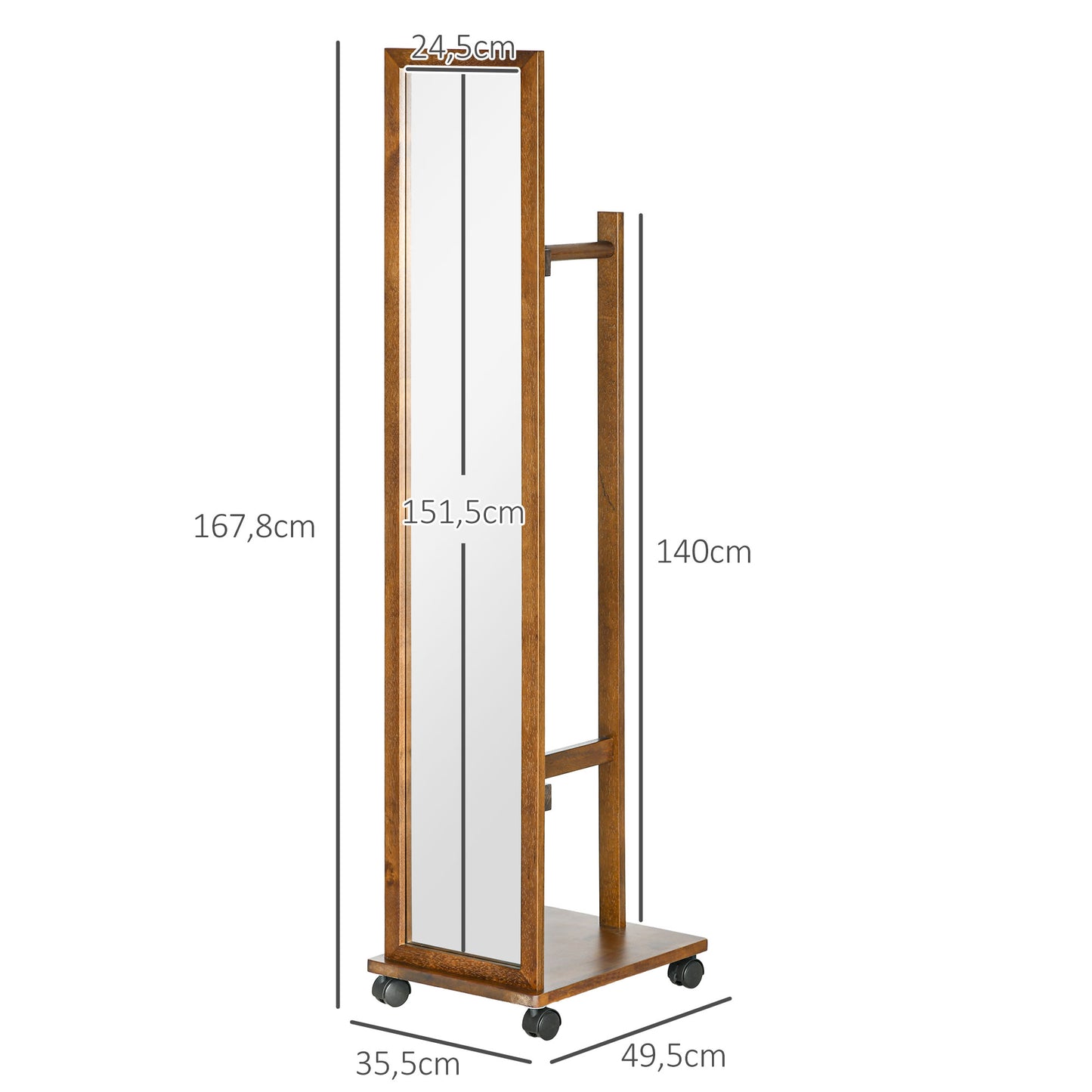 HOMCOM Espejo de Cuerpo Entero con Ruedas Espejo Largo con Barra para Ropa y Estante Inferior para Dormitorio Salón Pasillo 35,5x49,5x167,8 cm Nogal