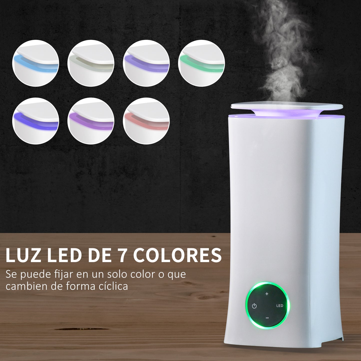 HOMCOM Humidificador Ultrasónico 2L Humidificador Silencioso con 3 Modos de Pulverización 7 Colores LED para Dormitorio Oficina Efecto 20 ㎡ 15x15x34 cm Blanco