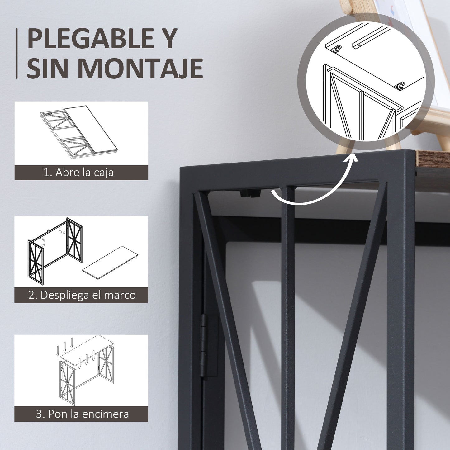 HOMCOM Mesa Consola Mesa de Entrada Industrial con Marco de Metal Plegable y Encimera de Madera Mesa Recibidor para Salón Pasillo Vestíbulo 100x38x80 cm Marrón