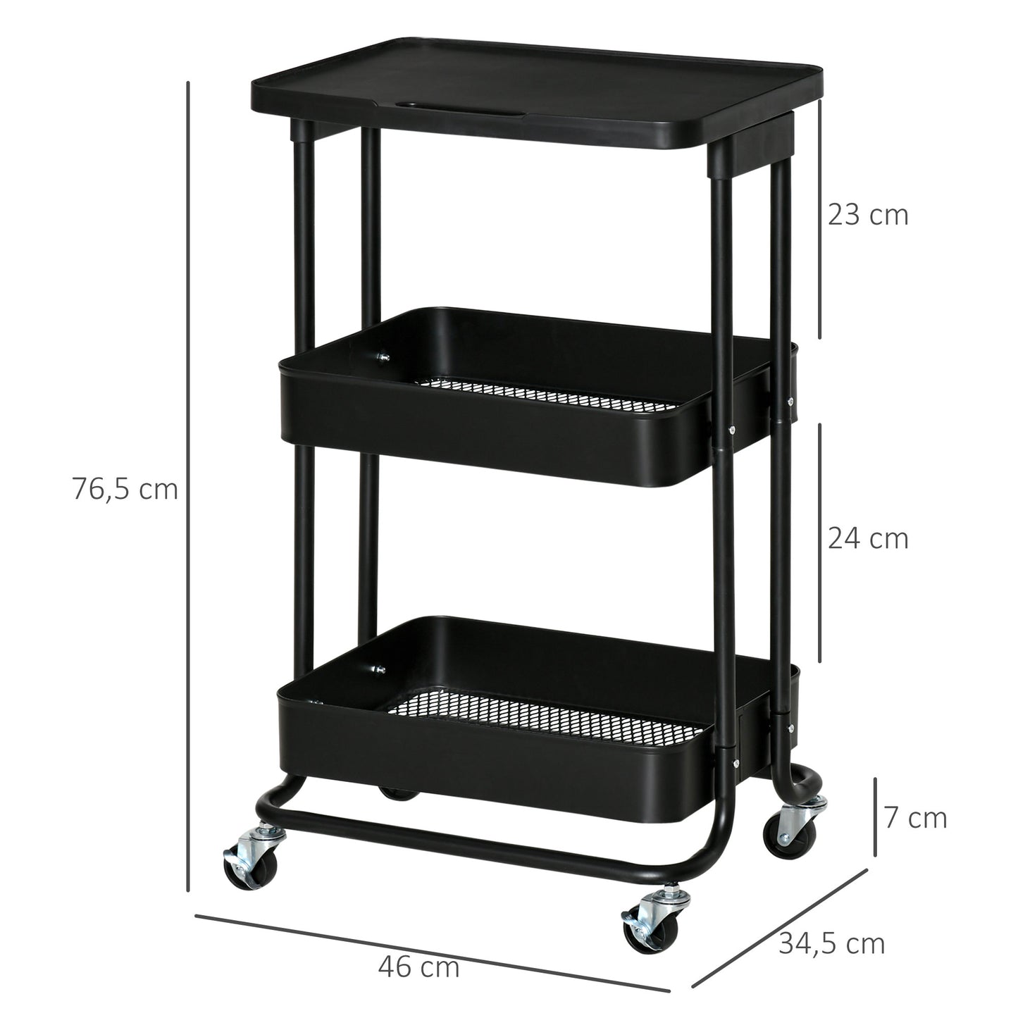 HOMCOM Carrito de Cocina con Ruedas Carro de Almacenamiento de 3 Niveles y Frenos para Baño Salón Dormitorio Oficina 46x34,5x76,5 cm Negro