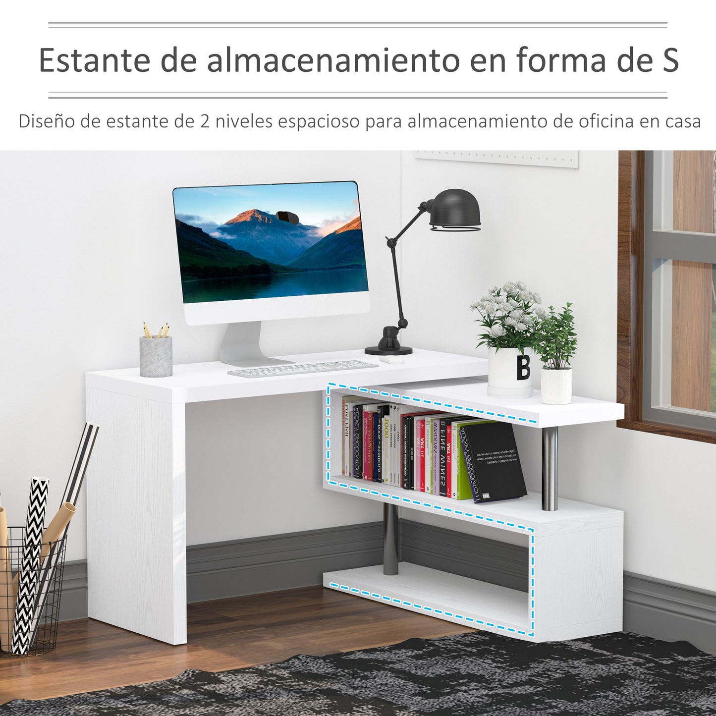 HOMCOM Escritorio Esquinero Giratorio Escritorio en L con Estantería Mesa de Escritorio con Estantes para Oficina Estudio 192x50x76,1 cm Blanco