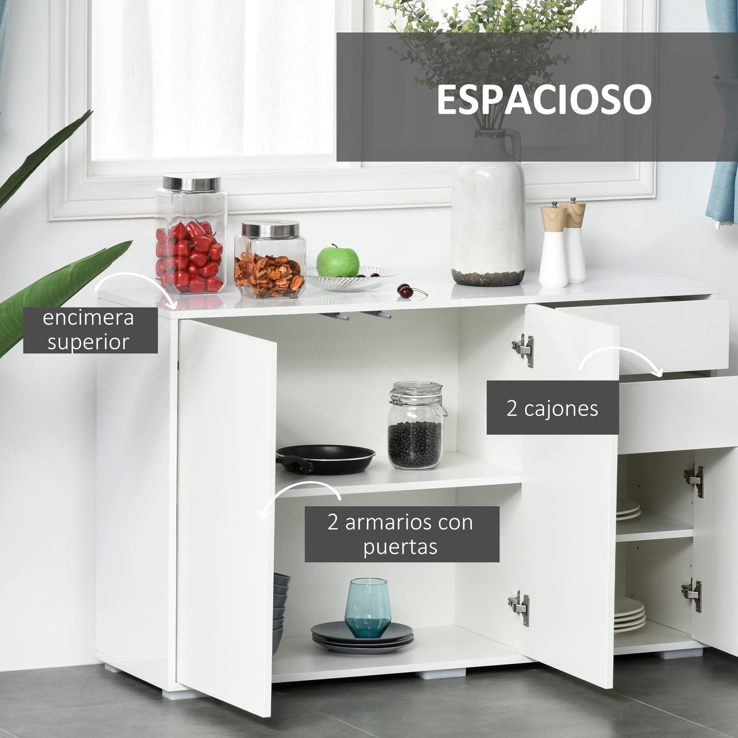 HOMCOM Aparador de Salón con 3 Puertas 2 Cajones y Estante Interior Ajustable Mueble Auxiliar de Almacenaje para Cocina Dormitorio Antivuelco 117x36x74 cm Alto Brillo Blanco