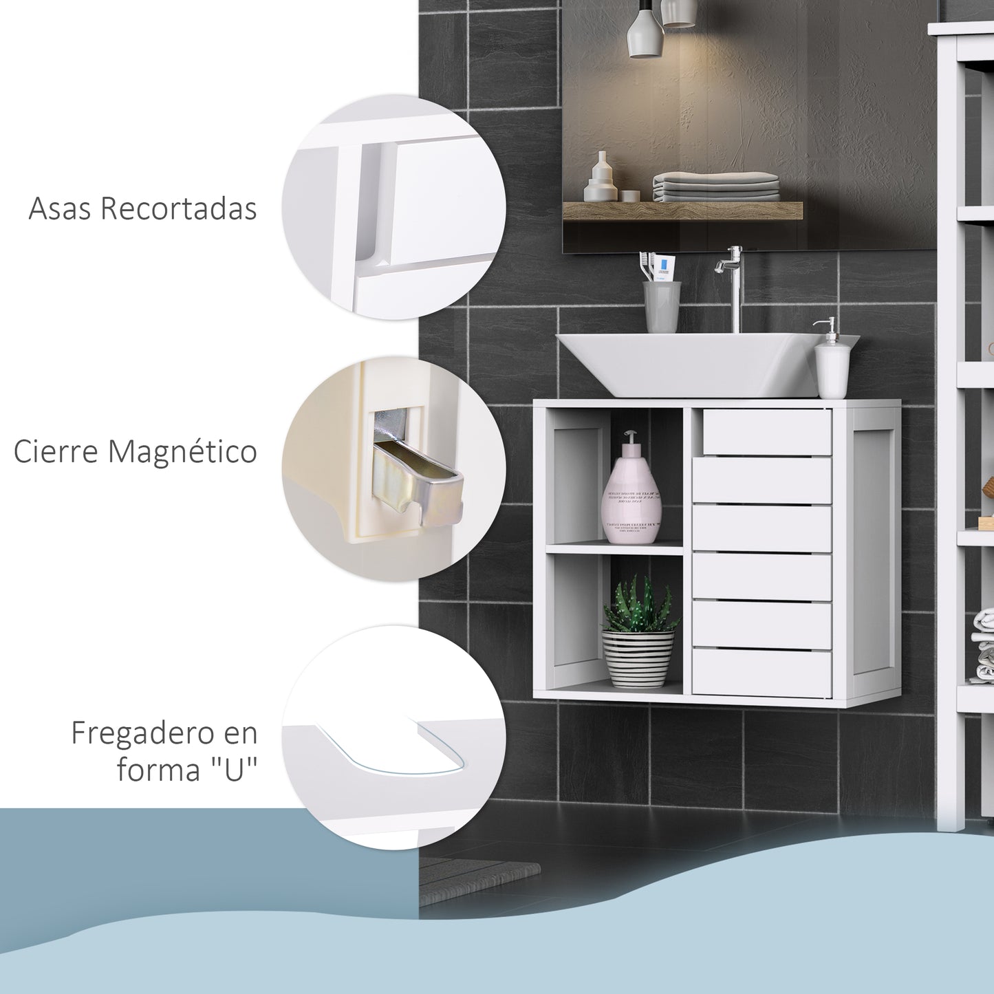 kleankin Mueble Bajo de Lavabo para Baño Suspendido Compacto con 2 Estantes Abiertos y Zona Cerrada 60x30x54 cm Blanco