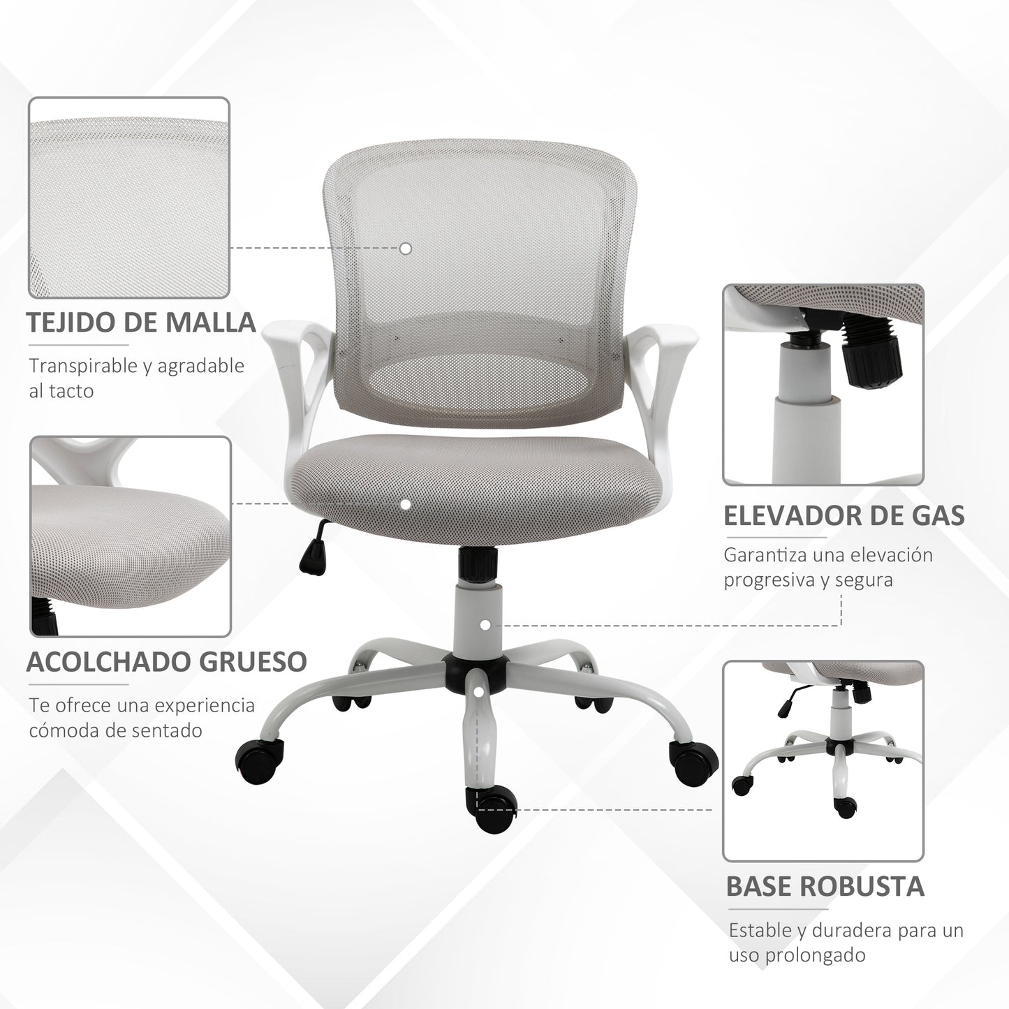 Vinsetto Silla de Oficina Silla de Escritorio Basculante con Altura Ajustable Asiento Giratorio 360° y Soporte Lumbar Malla Transpirable 61x61x89-99 cm Gris