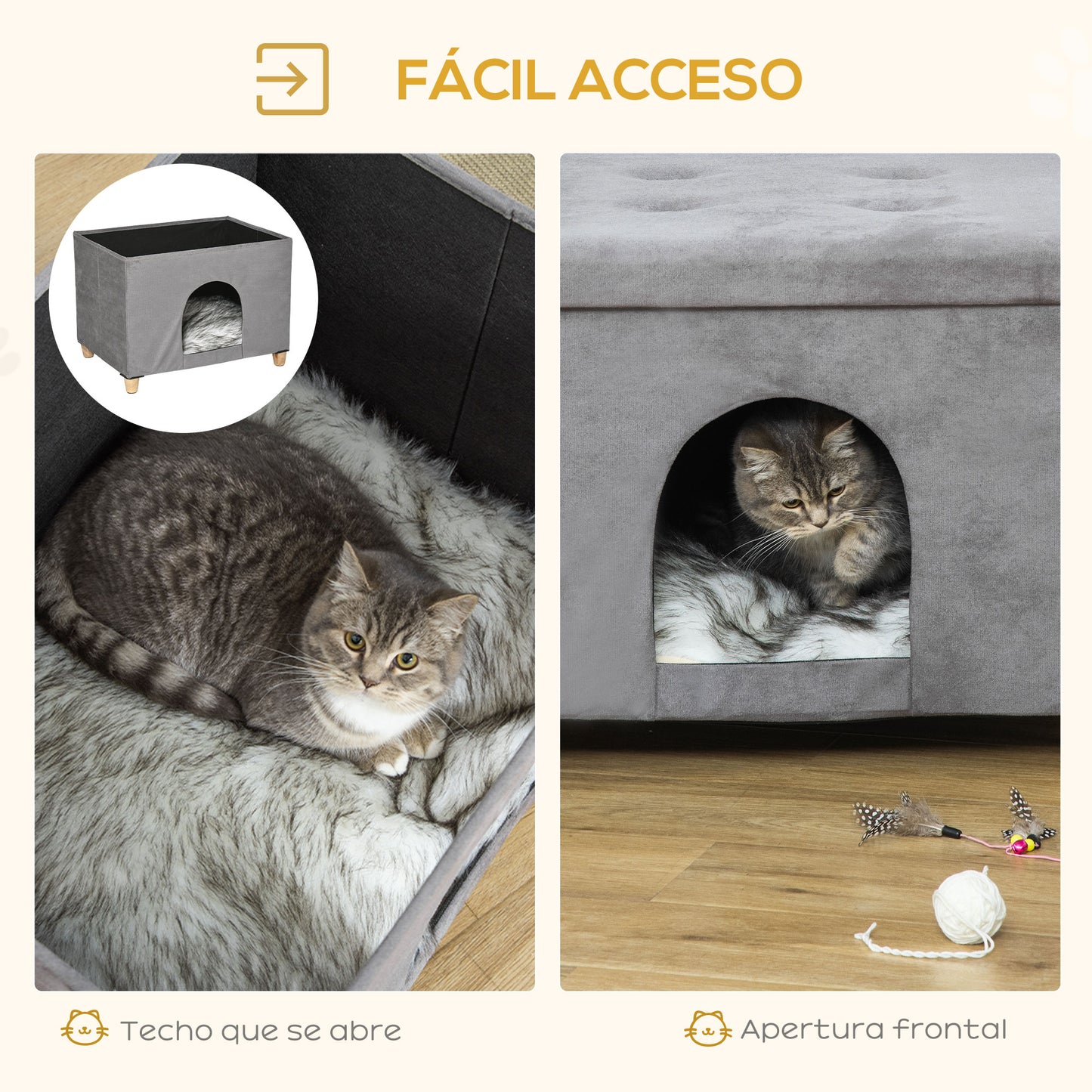 PawHut Cueva para Gatos 2 en 1 Taburete Reposapiés con Tapa Extraíble Orificio de Entrada Cojín Lavable y Patas Elevadas de Madera para Interior 60x45x44,5 cm Gris