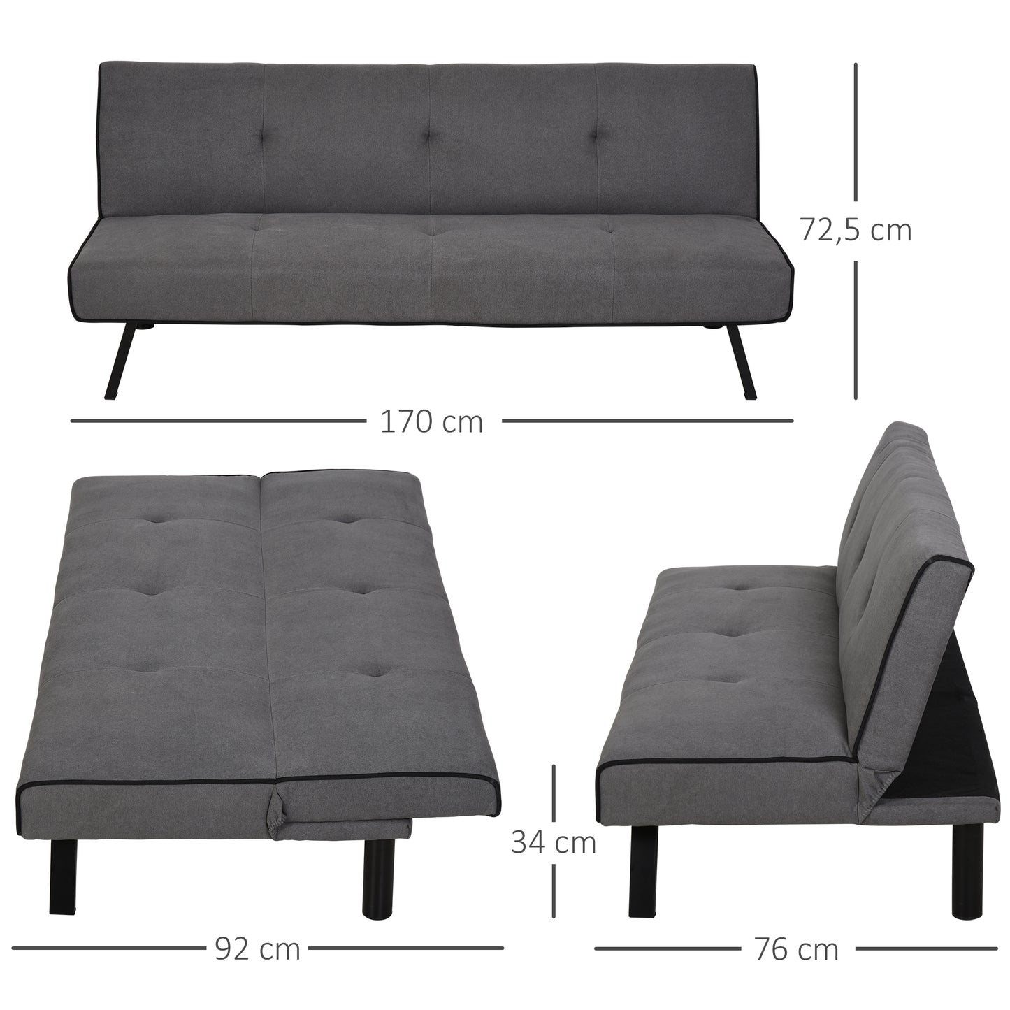 HOMCOM Sofá Cama de 3 Plazas Reclinable Sofá Cama Convertible Tapizado en Tela con Patas de Metal para Salón Carga 300 kg 170x76x72,5 cm Gris