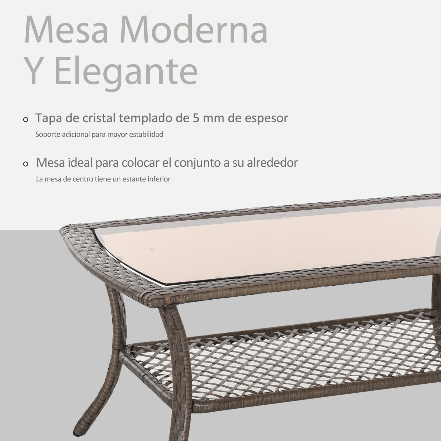 Outsunny Conjunto de 4 Muebles de Jardín de Ratán PE Sillón Sofá Doble y Mesa de Café con Cojines Lavable para Exterior Terraza Patio Marrón y Caqui