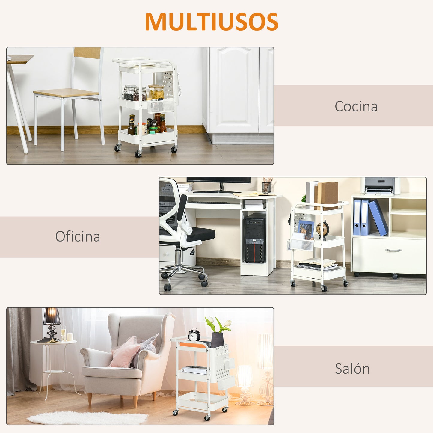 HOMCOM Carrito de Cocina de Acero con Ruedas Carro de Almacenamiento de 3 Niveles 4 Ganchos Asa 2 Cestas Colgantes y Frenos para Baño Salón Dormitorio 51,5x32x75,6 cm Blanco