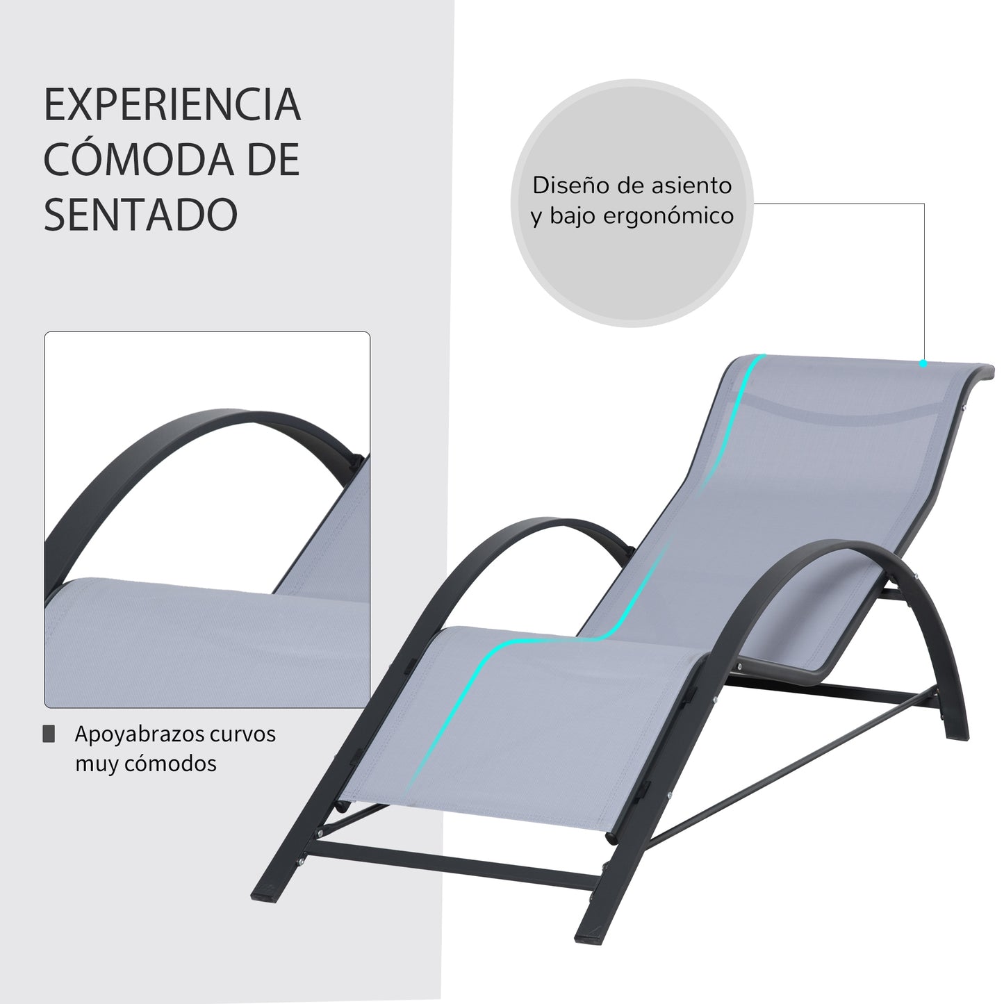 Outsunny Set de 2 Tumbonas de Jardín 59x169x66 cm con Mesa de Café 41x41x45 cm de Vidrio Templado Reposabrazos para Patio Piscina Terraza Aire Libre Gris