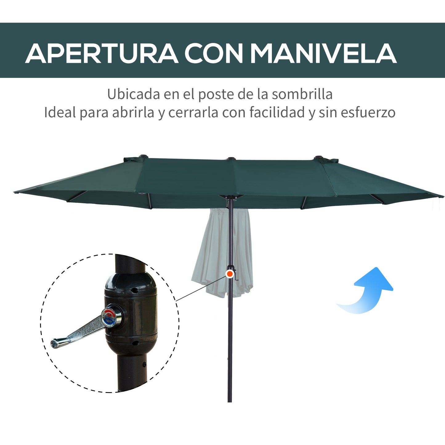 Outsunny Sombrilla de Terraza Exterior Parasol Grande 4,6x2,7m Sombrilla de Jardín con Manivela Manual Resistente al Agua y Protección Solar para Terraza Playa Piscina Verde