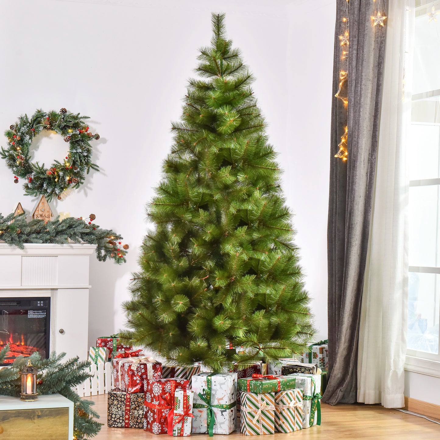 HOMCOM Árbol de Navidad 210cm Artificial Árbol de Pino Decoración Navideña con Soporte Metálico 505 Ramas Verde PET