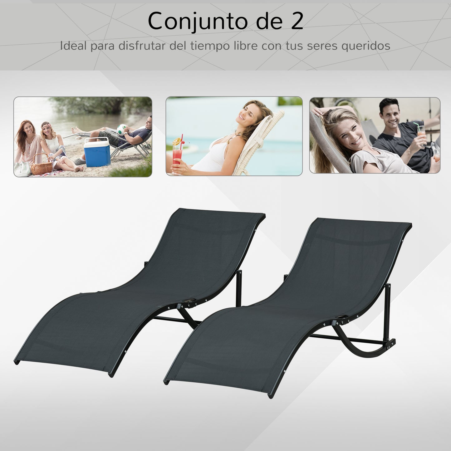 Outsunny 2 Tumbonas Plegables de Aluminio en Forma de S Ergonómica con Tela Texteline para Piscina Patio Jardín Terraza 165x61x63 cm Negro