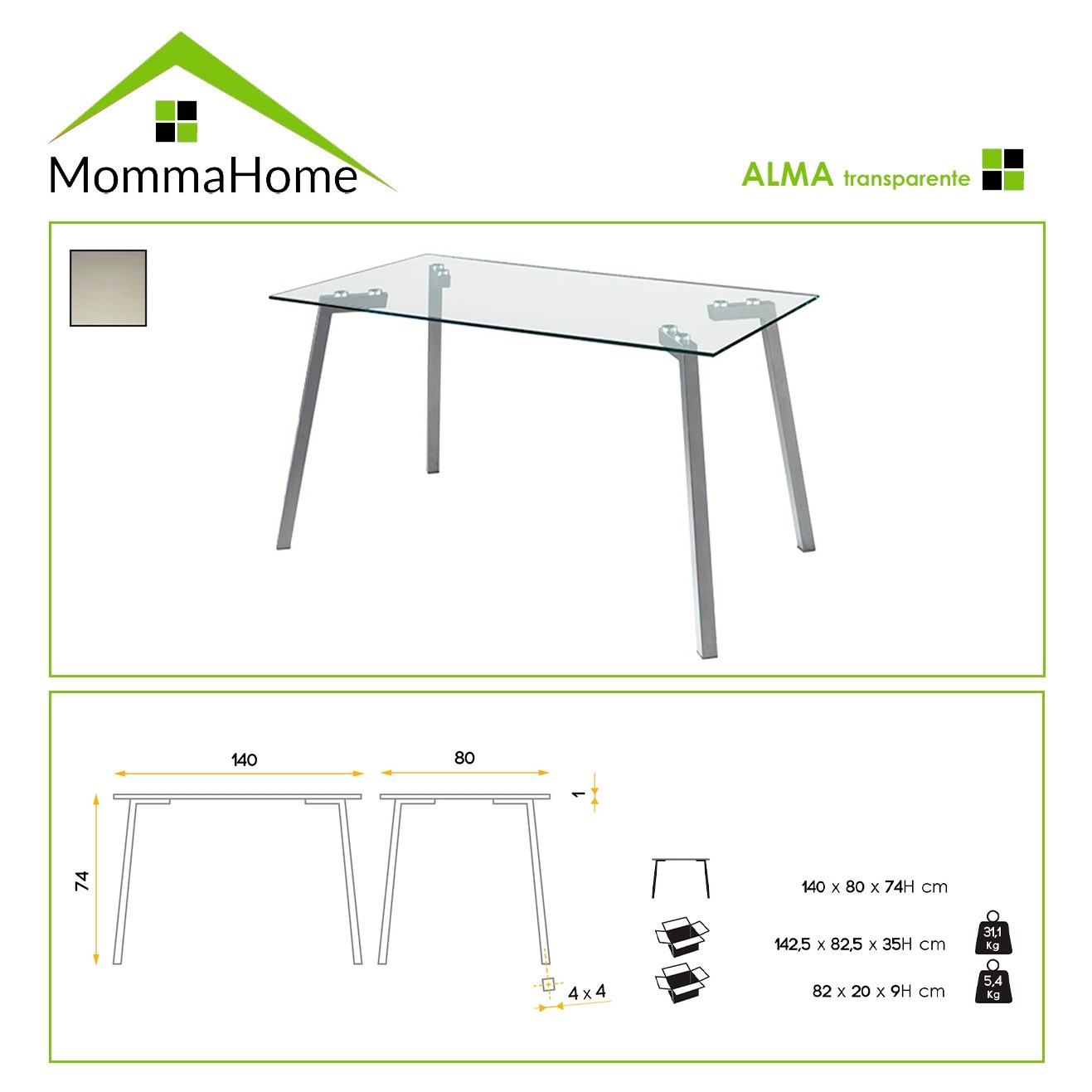 MOMMA HOME Mesa de Comedor - Modelo Alma - Material Cristal Templado/Metal - Medidas 140 x 80 x 74 cm