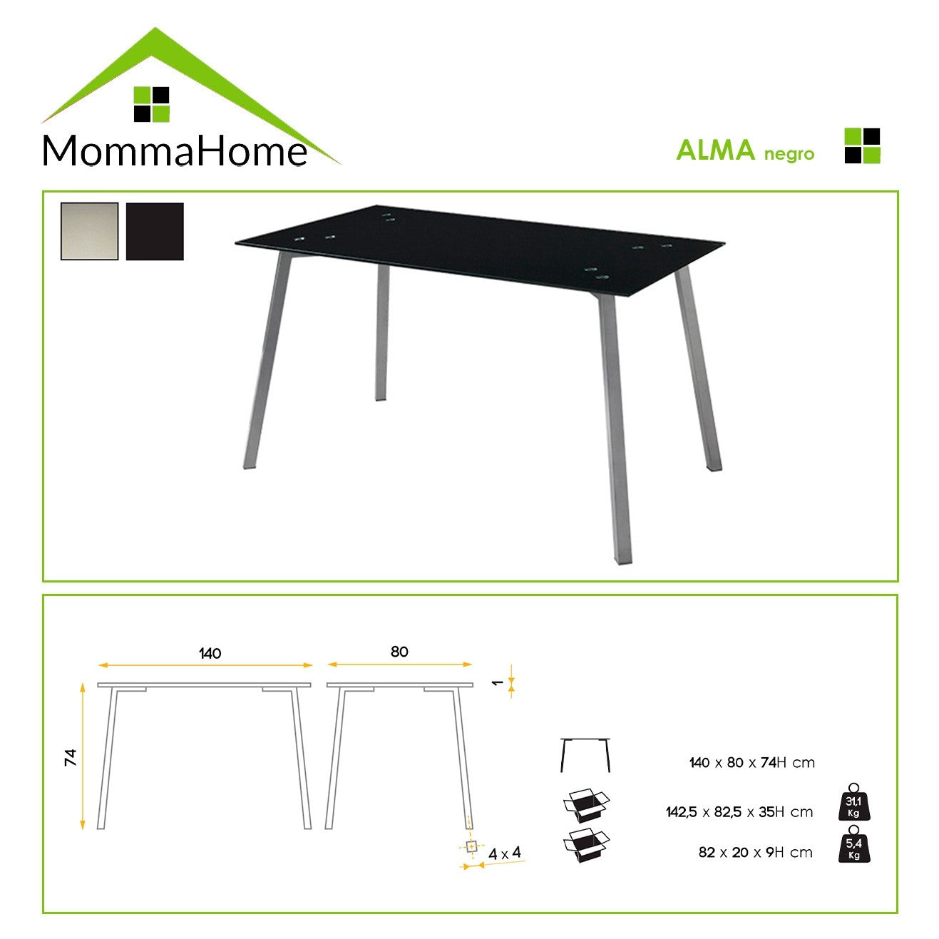 MOMMA HOME Mesa de Comedor - Modelo Alma - Material Cristal Templado/Metal - Medidas 140 x 80 x 74 cm