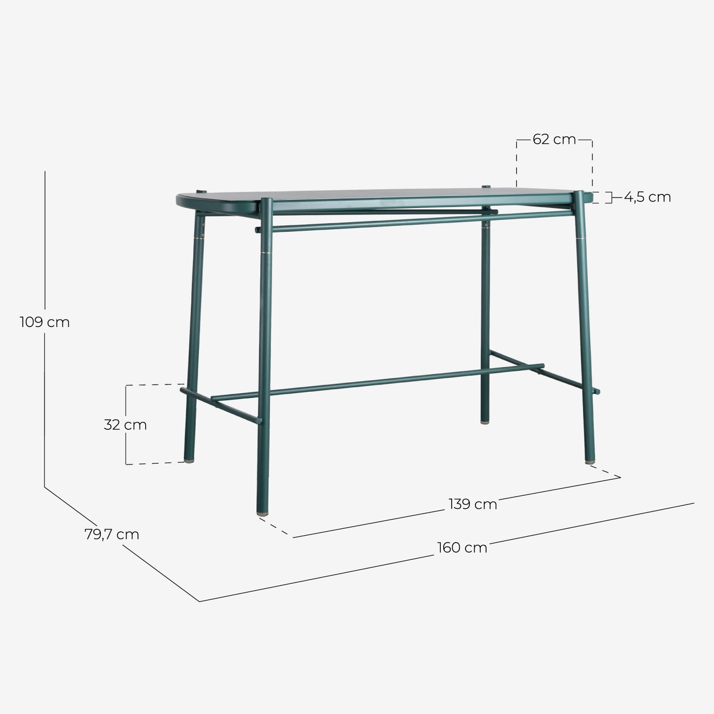 Mesa Alta de Comedor de Aluminio (160x79,7cm) Keri Verde pino - The Masie