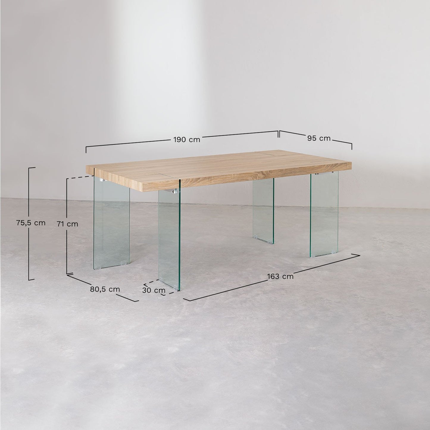 Mesa de Comedor Rectangular en MDF y Patas de Cristal Kali 190 x 95 cm Madera Blanca -  SKLUM