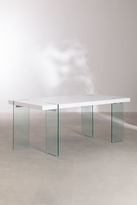Mesa de Comedor Rectangular en MDF y Patas de Cristal Kali 190 x 95 cm Madera Blanca -  SKLUM