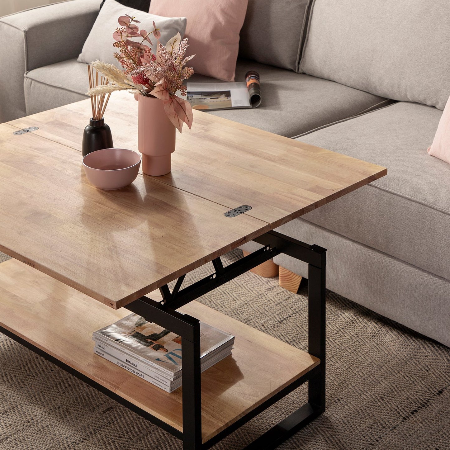 Mesa de centro elevable y extensible en madera de roble con pata negra Alvi -  Klast