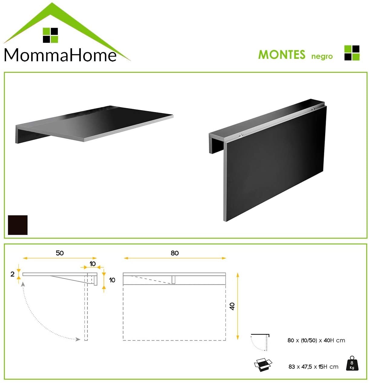 MOMMA HOME Mesa de Cocina - Modelo Montes - Medidas 80 x 10/50 x 40 cm