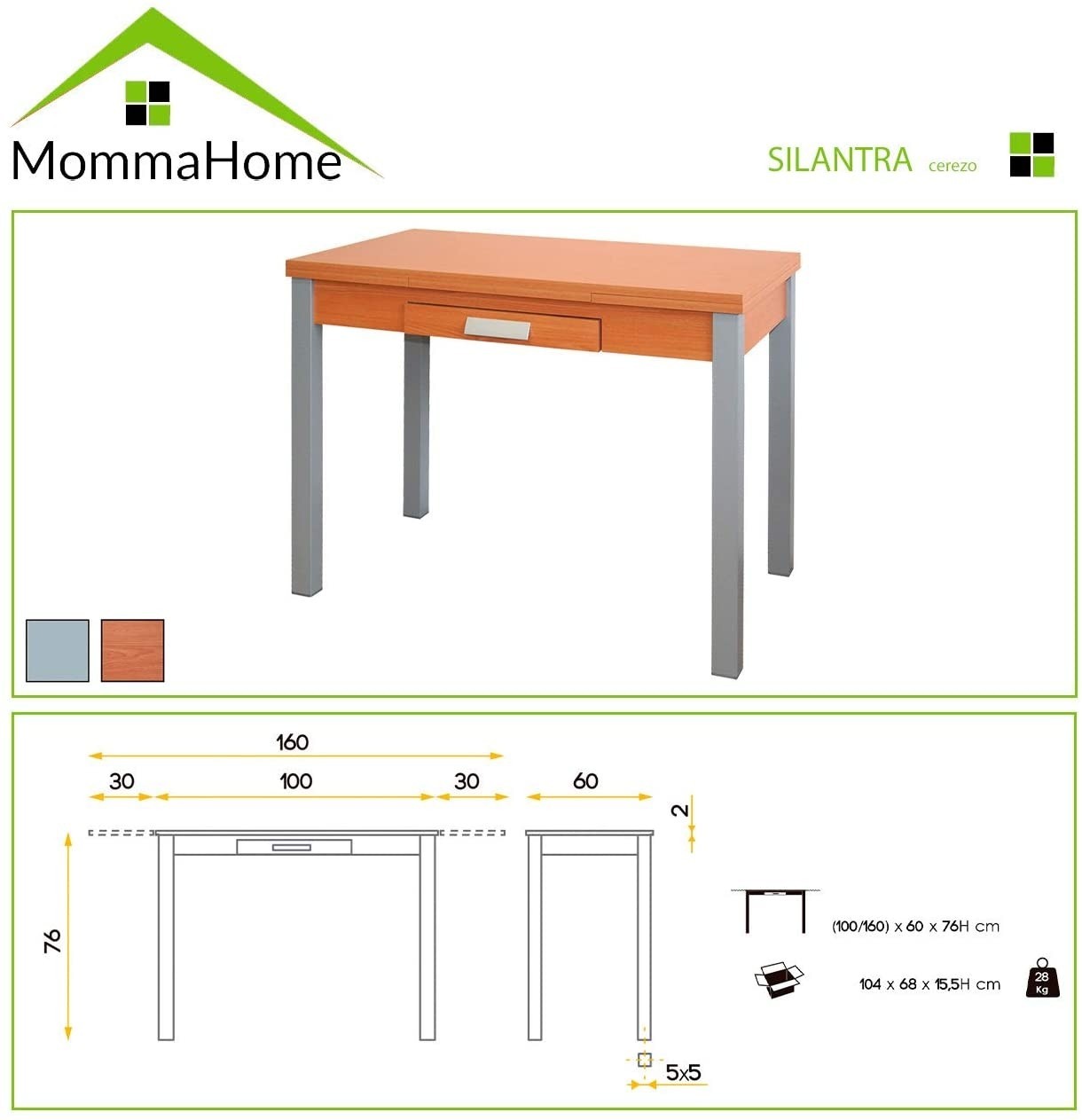 MOMMA HOME Mesa de Cocina Extensible - Modelo SILANTA - Material MDF/Metal - Medidas 100/160x60x76 cm