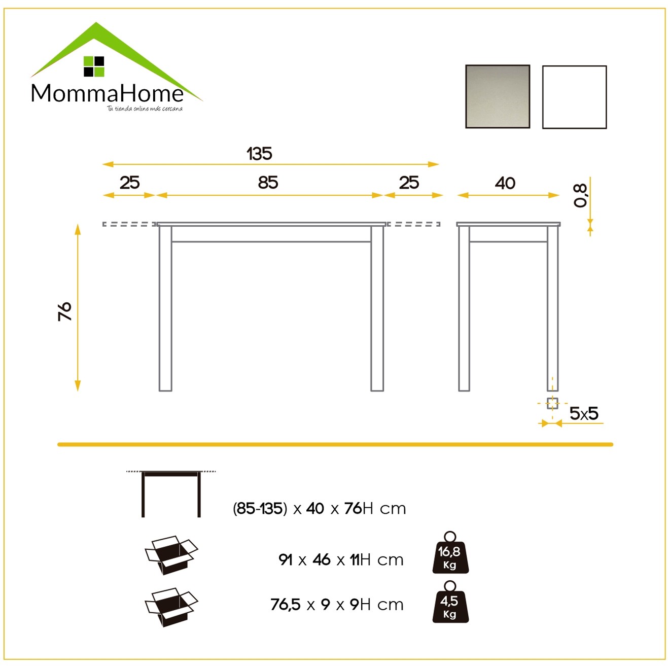 MOMMA HOME Mesa de Cocina Extensible - Modelo Novi - Material Cristal Templado/Metal - Medidas 85/135 x 40 x 76 cm