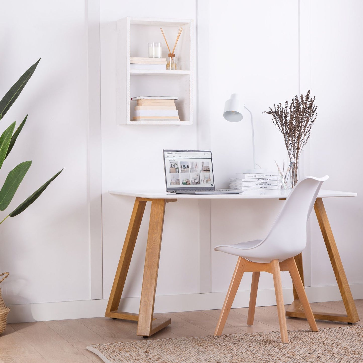 Mesa de comedor rectangular 120 en madera color blanco con pata natural Ilean -  Klast