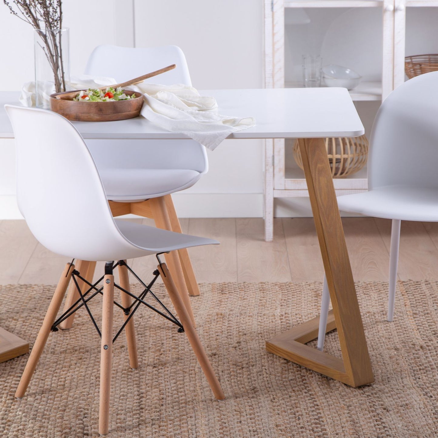 Mesa de comedor rectangular 120 en madera color blanco con pata natural Ilean -  Klast