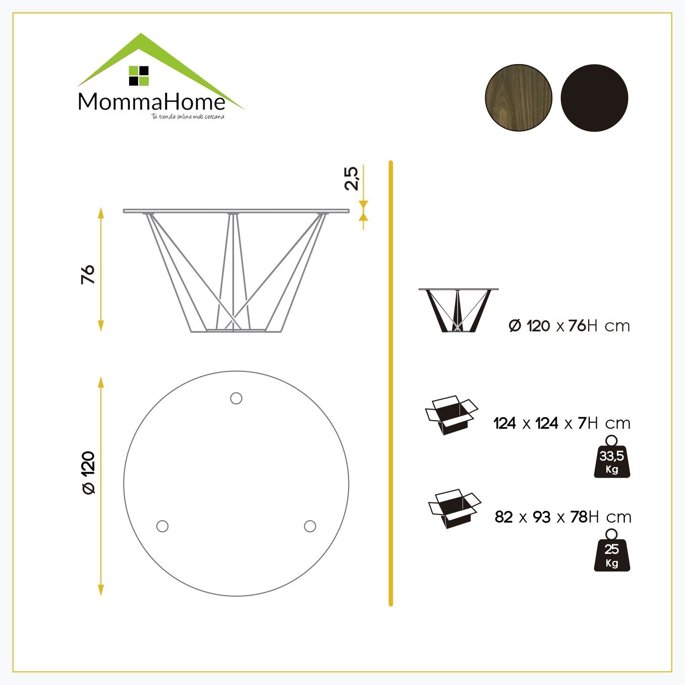 MOMMA HOME Mesa de salón circular, Acabado en Nogal, Modelo Mestic, Medidas Ø 120 x 76H cm