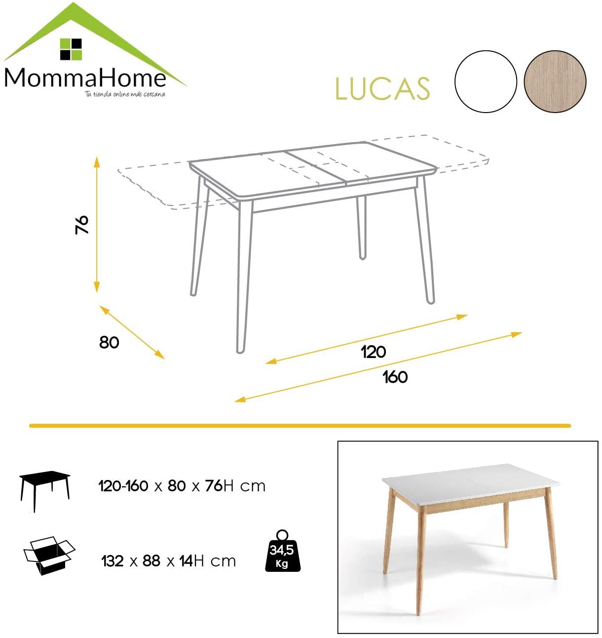 MOMMA HOME Mesa de Comedor Extensible - Modelo Lucas - Color Blanco/Roble -Medidas: 120/160 x 80 x 76H cm