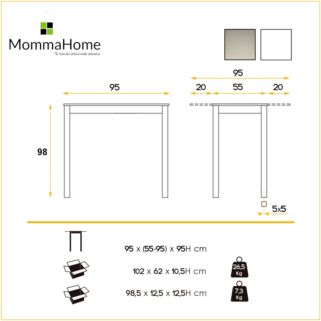 MOMMA HOME Mesa de Cocina Extensible Blanca - Modelo Londres - Material Cristal Templado/Metal - Medidas 95 x 55/95 x 95 cm