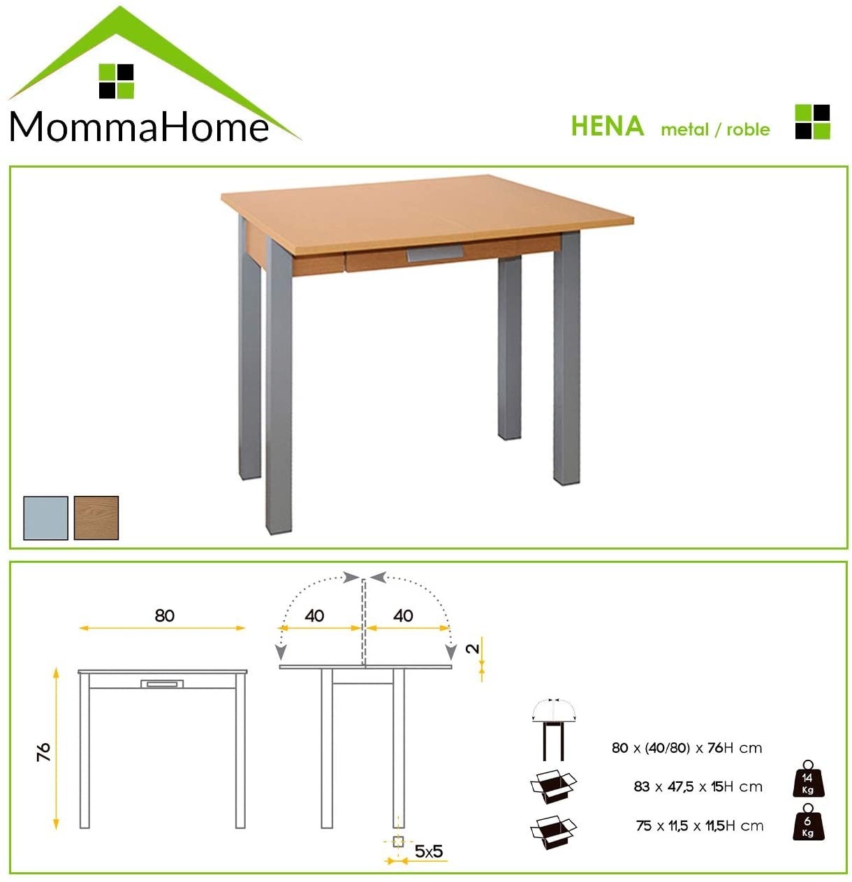 Mesa de Cocina - Modelo HENA Metal - Material MDF/Metal - Medidas 80 x 40/80 x 76 cm - Momma Home