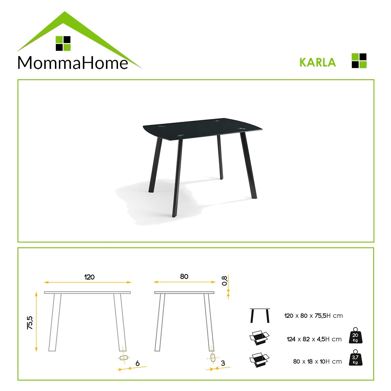 MOMMA HOME Mesa de Comedor Negra - Modelo Karla - Material Cristal Templado/Metal - Medidas 120 x 80 x 75,5 cm