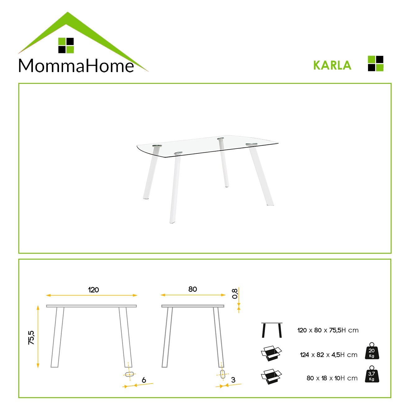 MOMMA HOME Mesa de Comedor - Modelo Karla - Material Cristal Templado/Metal - Medidas 120 x 80 x 75,5 cm