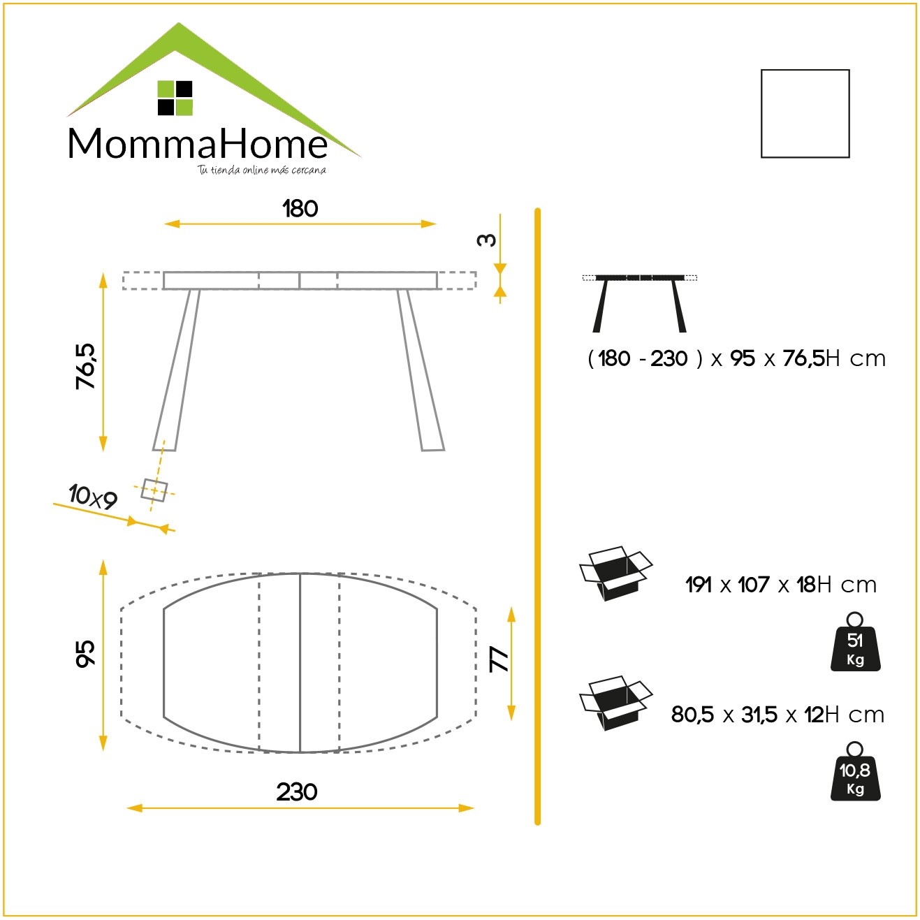 MOMMA HOME Mesa Comedor Extensible, Modelo Moroco, Acabado blanco brillo, Medidas: 180/230 x (77x95x77) x 76 cm