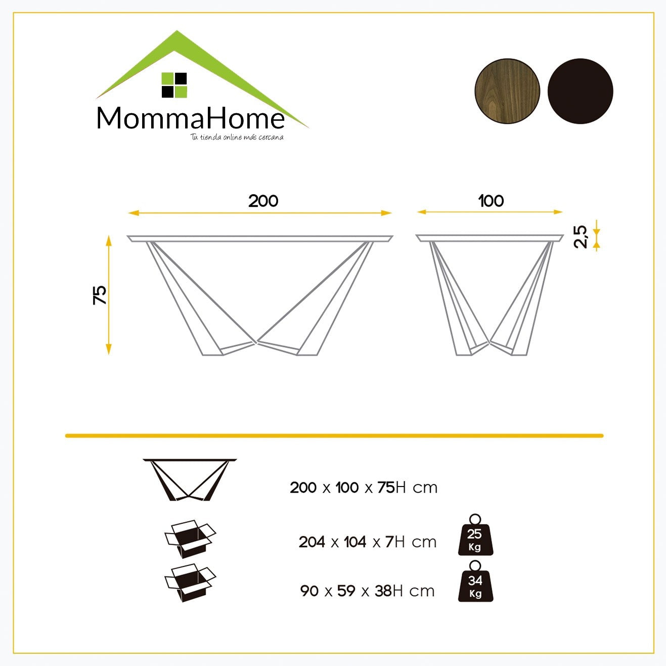 MOMMA HOME Mesa comedor rectangular, Acabado en nogal, Modelo Sinde, Medidas 200 x 100 x 75H cm