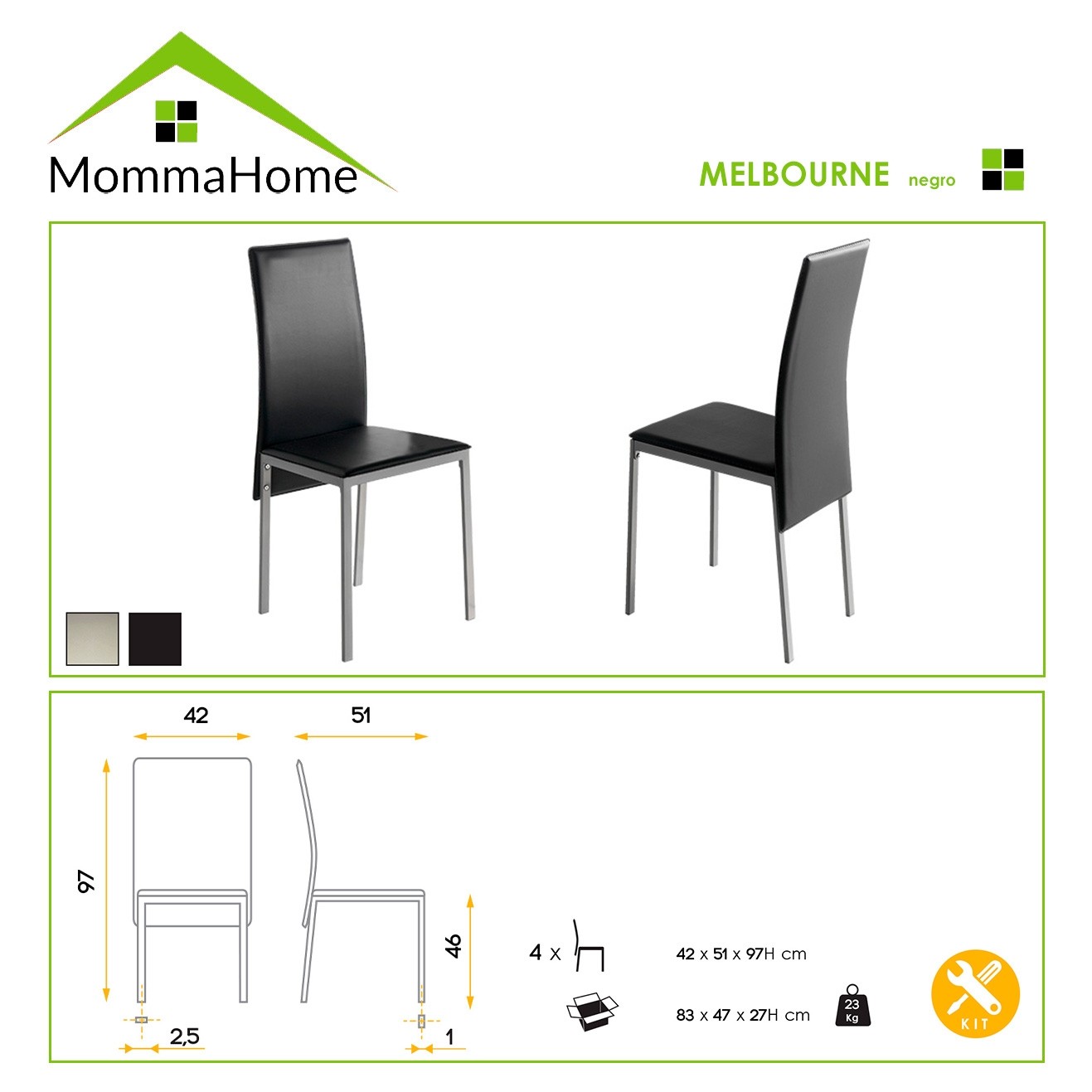 Conjunto de Mesa y Sillas Melbourne - con 4 Sillas - Mesa Fija - con Encimera de Cristal - para Salón y Cocina - Muy Elegante - Momma Home